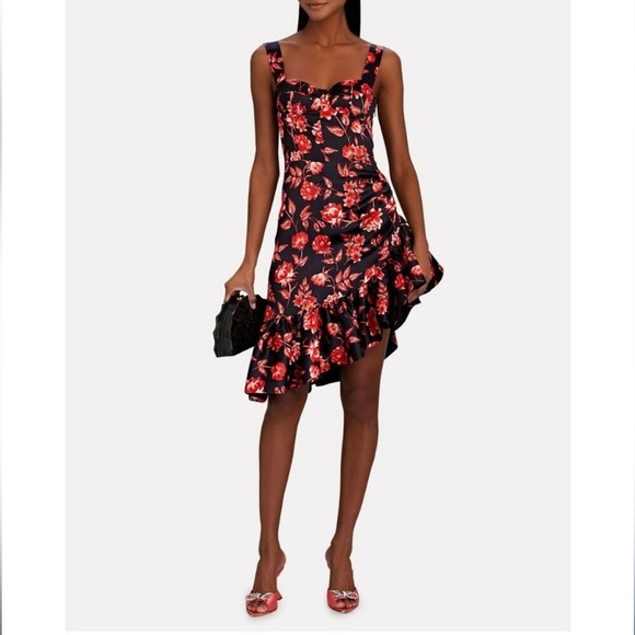 Autumn Adeigbo// Floral Black and Red Zoe Asymmetrical Ruffle Hem Dress - Picture 1 of 10
